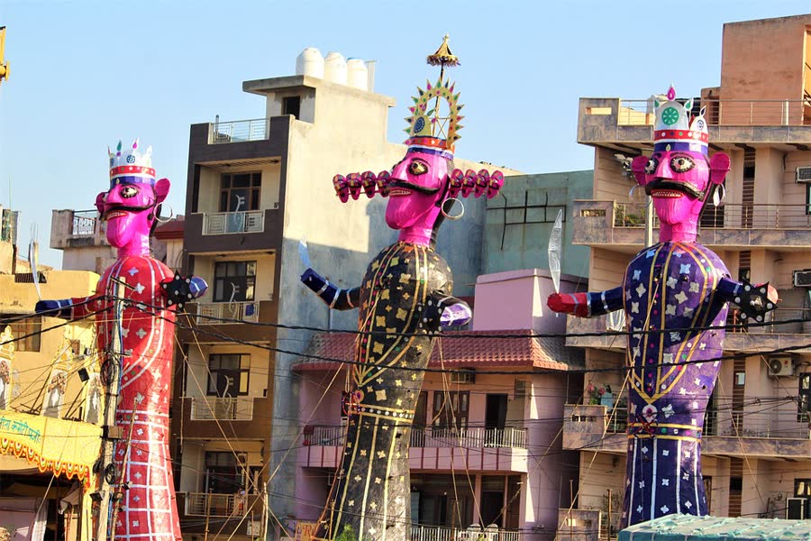 Effigies of Ravana, Kumbhakarna and Meghnad standing ready before Dussehra