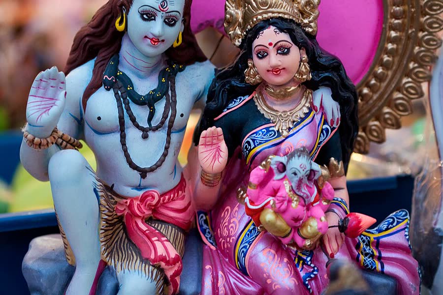 Painted Golu dolls of Shiva and Parvati at a Navaratri display in Tamil Nadu